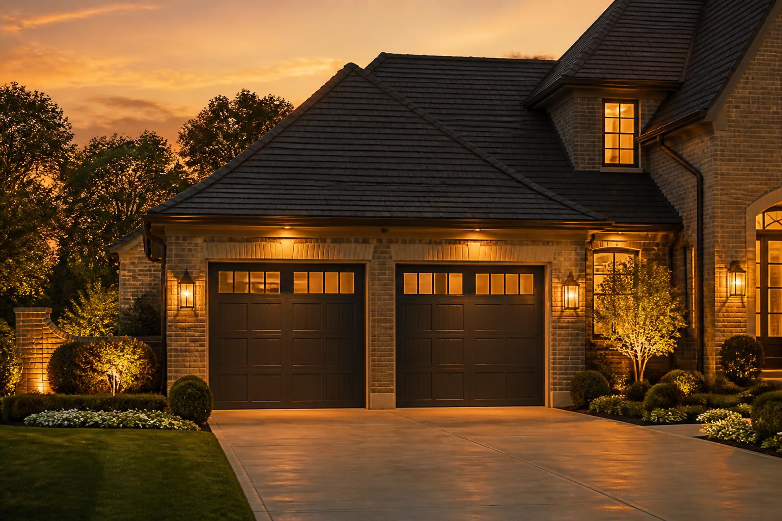 Upscale North Augusta, SC home with a newly serviced two-car garage door at golden dusk